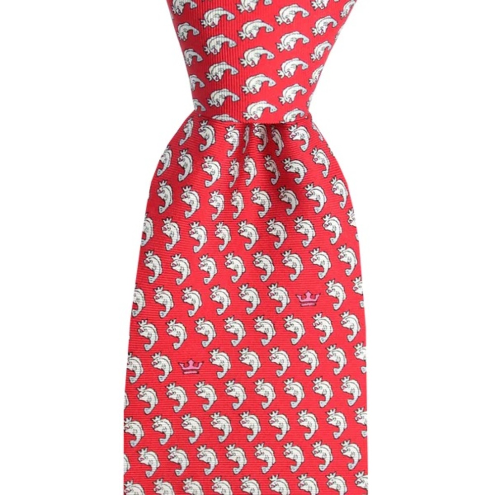 Brand New Cayenne Red Tie with fish design 100% silk